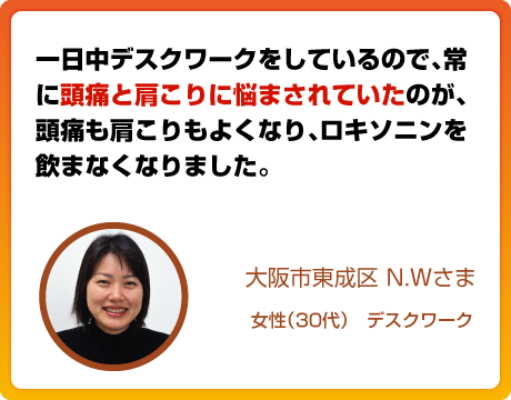 一日中デスクワークをしているので、常に頭痛と肩こりに悩まされていたのが、頭痛も肩こりもよくなり、ロキソニンを飲まなくなりました。